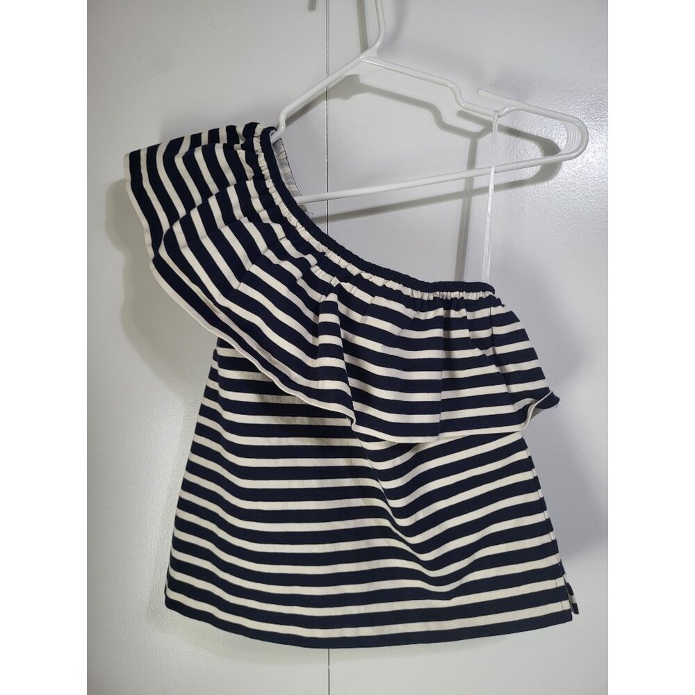 J. Crew One Shoulder Striped Ruffle Top Navy Cream SZ XS Preppy Cotton Classic - Picture 2 of 10